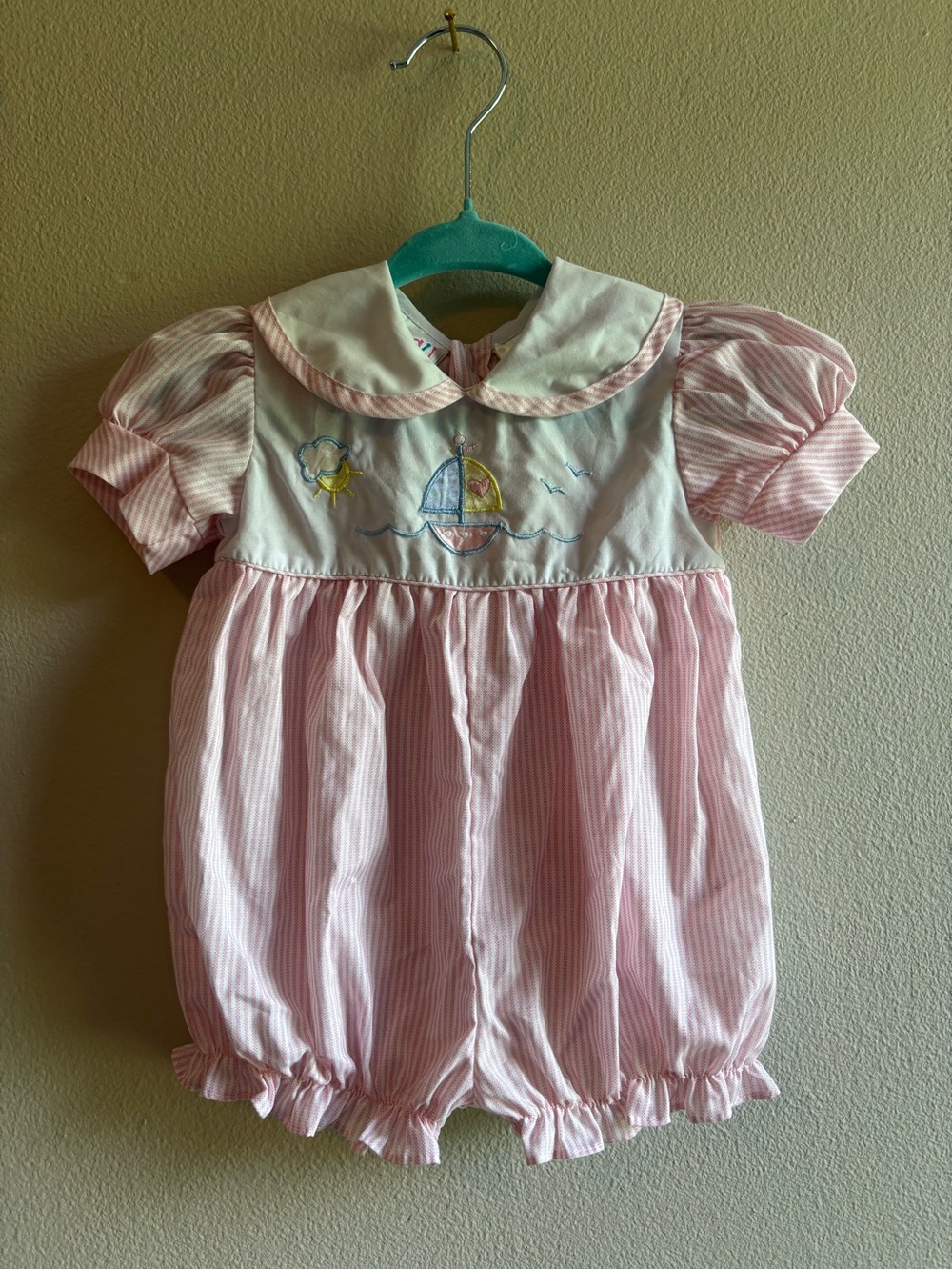 Vintage Bubble Pink Striped Baby One-Piece Bodysuit with Sailboat Embroidery